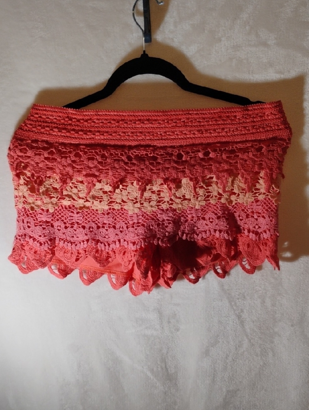 No Boundaries Coral Pink Crochet Lace Lounge Shorts with Cream Accent
